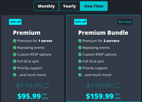Preview of one time pricing tiers
