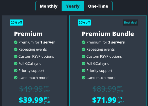 Preview of yearly pricing tiers